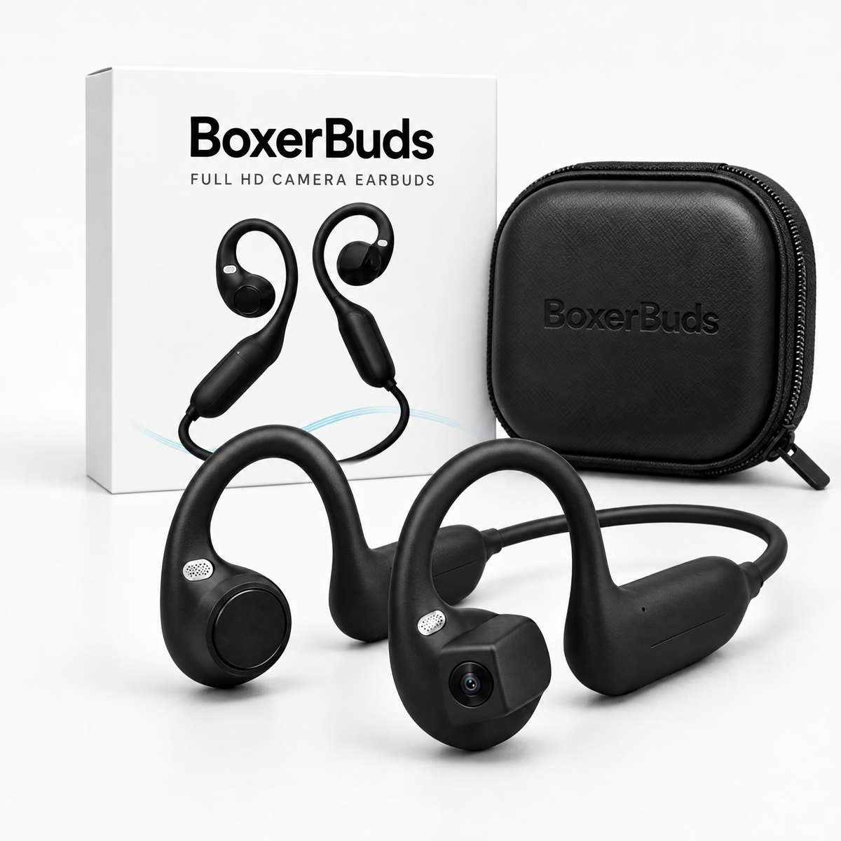 BoxerBuds Pro camera earbuds with box and case
