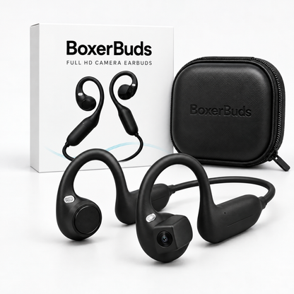 BoxerBuds Pro camera earbuds with box and case
