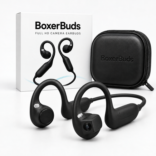 BoxerBuds Pro camera earbuds with box and case