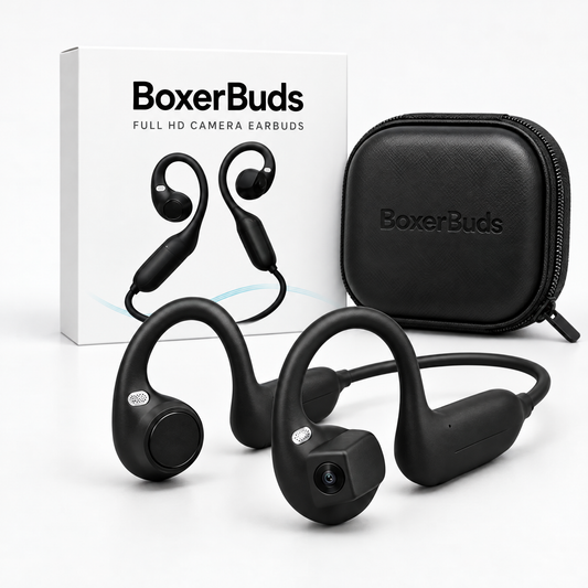 BoxerBuds Pro camera earbuds with box and case