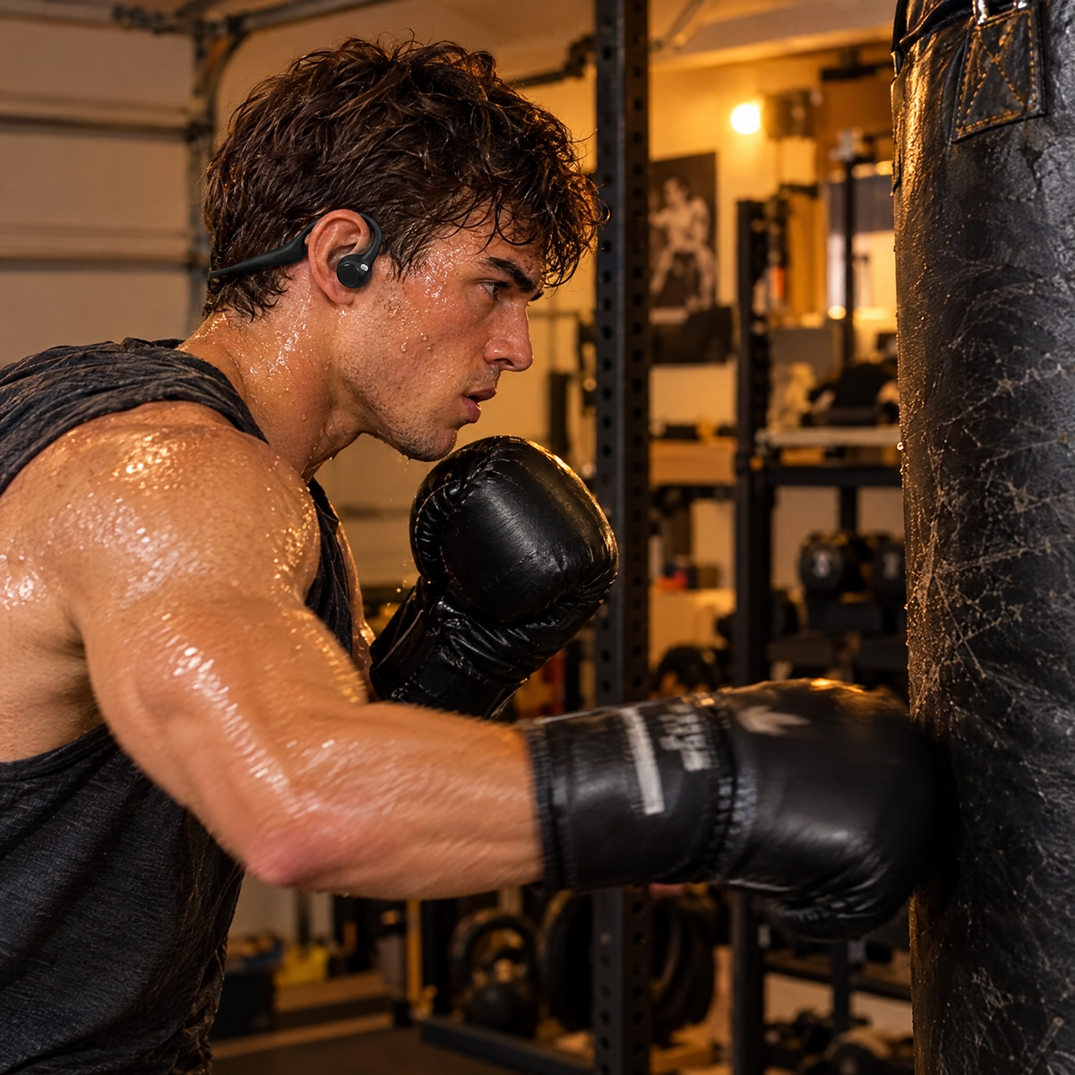 Heavy bag session wearing BoxerBuds