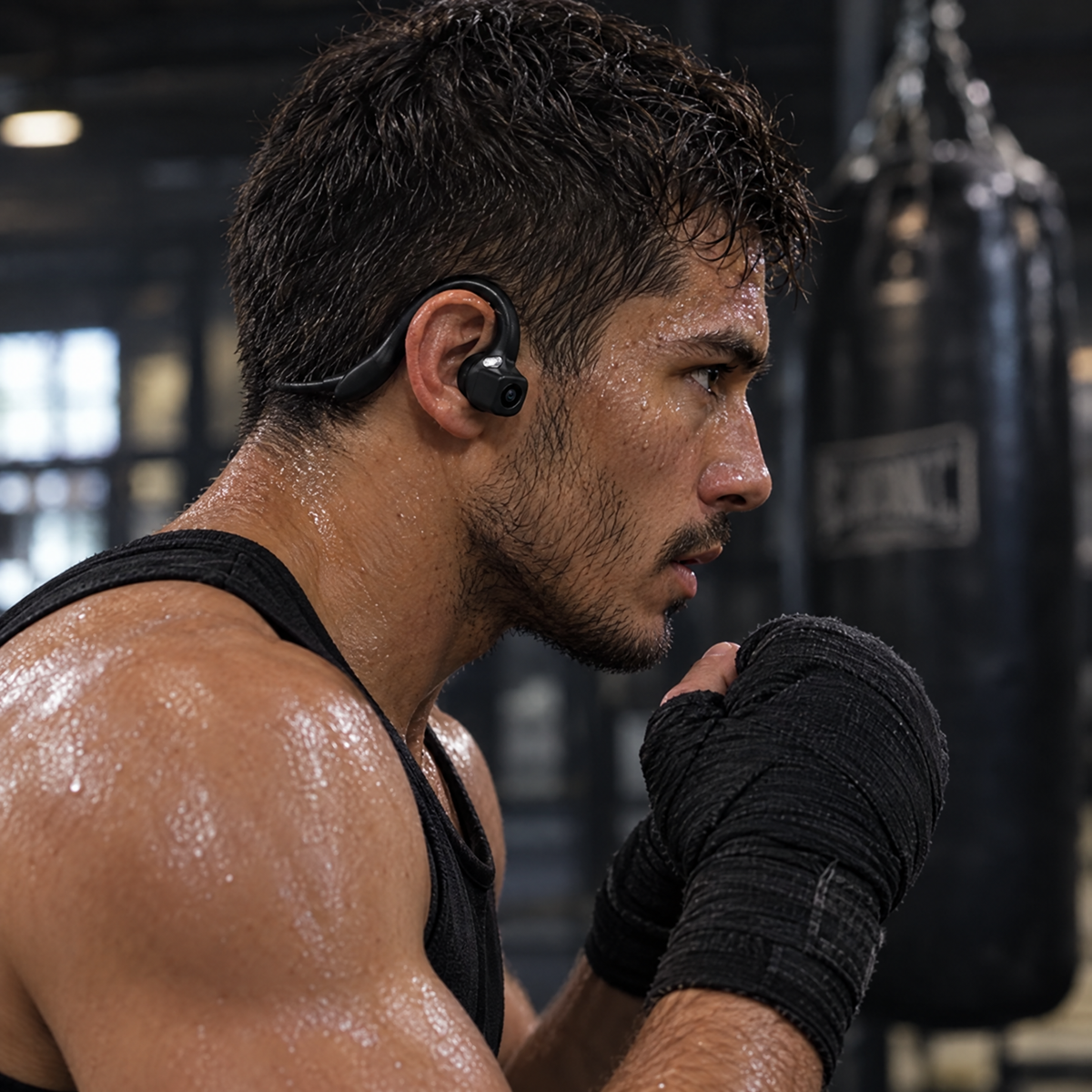 Boxer wearing BoxerBuds Pro in the gym